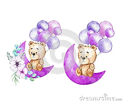 Cute Baby Bear Watercolor Illustration, Little Bear with balloons Isolated on white background Cartoon Illustration