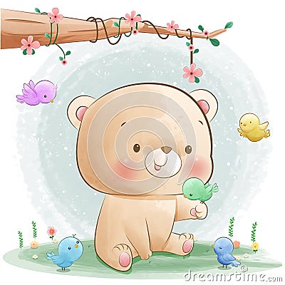 Cute baby Bears playing with birds illustration Vector Illustration