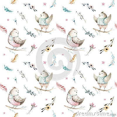 Cute baby bird animal seamless pattern, forest illustration for children clothing. Woodland watercolor Hand drawn boho Cartoon Illustration