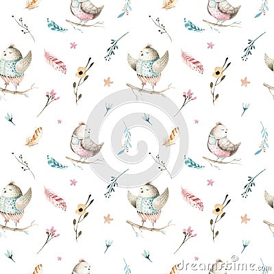 Cute baby bird animal seamless pattern, forest illustration for children clothing. Woodland watercolor Hand drawn boho Cartoon Illustration