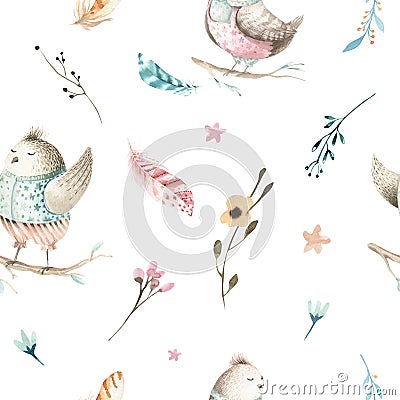 Cute baby bird animal seamless pattern, forest illustration for children clothing. Woodland watercolor Hand drawn boho Cartoon Illustration