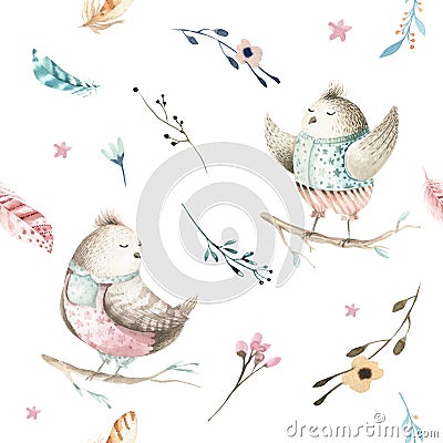Cute baby bird animal seamless pattern, forest illustration for children clothing. Woodland watercolor Hand drawn boho Cartoon Illustration