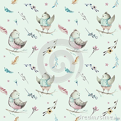 Cute baby bird animal seamless pattern, forest illustration for children clothing. Woodland watercolor Hand drawn boho Cartoon Illustration