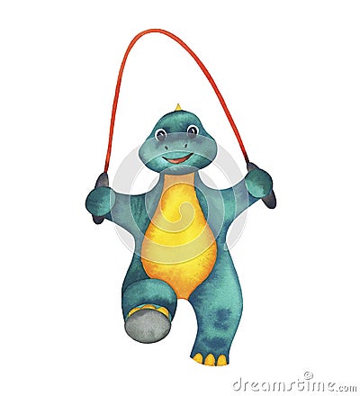 Cute Baby blue green and yellow watercolour sport Dinosaur jumping with red skipping rope. Sports equipment. Hand drawn Cartoon Illustration