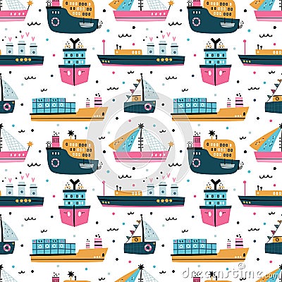 Cute baby boats seamless pattern. Childish cartoon ships. Boys nursery prints. Marine navigation wallpaper. Sea machines Vector Illustration