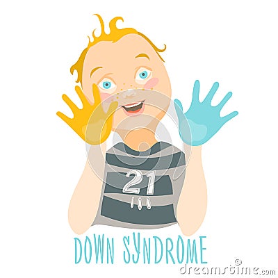 Cute baby boy, child, with down syndrome and painted hands Vector Illustration