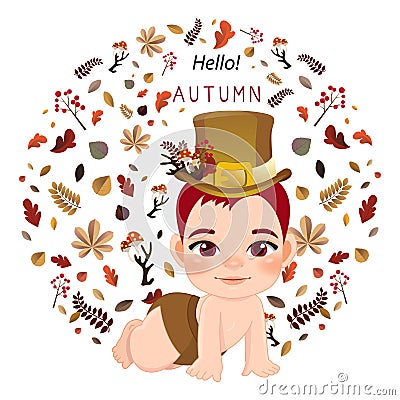 Cute baby boy crawling in fall bullet. Baby shower concept in Autumn vector Vector Illustration