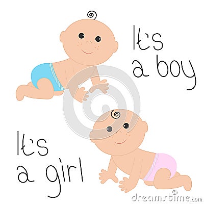 Cute baby boy and girl crawling in pink blue diaper icon set. Its a boy. Its a girl. Isolated. White background. Baby shower. Cart Vector Illustration