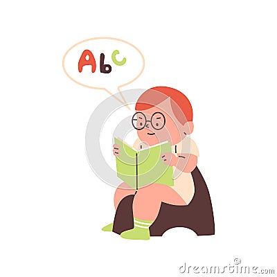Cute baby boy with glasses sitting on the potty and reading book, vector cartoon toddler learning to alphabet, hygiene Vector Illustration
