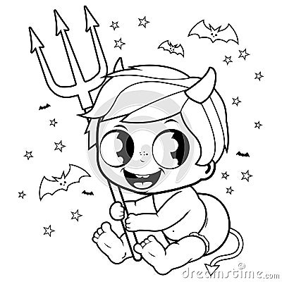 Cute baby boy in Halloween devil costume. Vector black and white coloring page. Vector Illustration