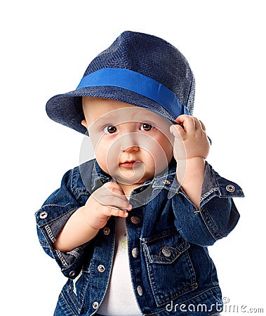Cute baby boy holding hat Stock Photo