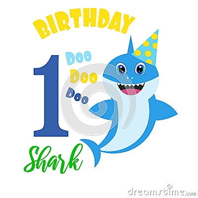 Cute baby boy shark birthday card illustration Vector Illustration