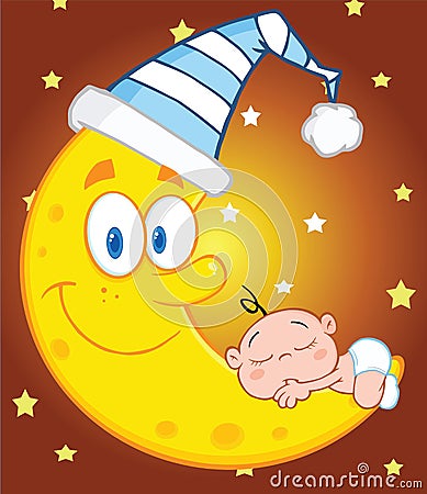 Cute Baby Boy Sleeps On The Moon With Sleeping Hat Over Sky With Stars Vector Illustration