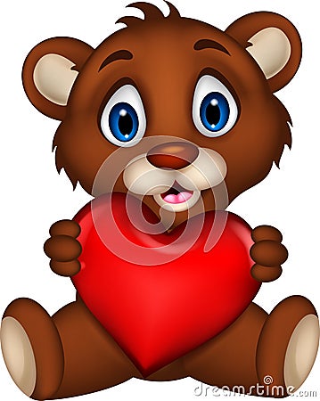 Cute baby brown bear cartoon posing with heart love Stock Photo