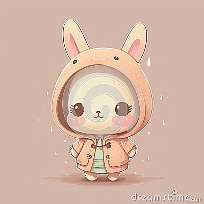 Cute baby bunny in a raincoat. Kawaii style. Mascot rabbit illuatration. Hand drawn style. Ai generation Stock Photo