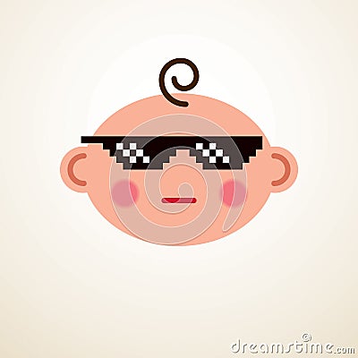 Cute baby cartoon vector flat icon, cool child with pixel glasses of life thug emoji. Vector Illustration