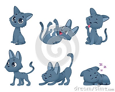 Cute baby cats. Funny little domestic animals toy kitten vector cartoon characters in various poses Vector Illustration