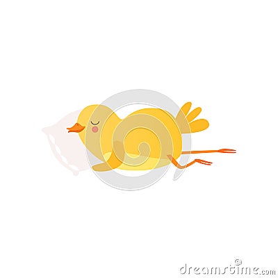 Cute baby chicken sleeoing on pillow, funny cartoon bird character vector Illustration on a white background Vector Illustration