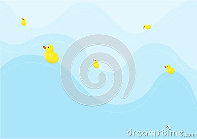 Cute baby chickens cartoon are swimming on the blue sea background, illustration vector. Animal cute background design concept Vector Illustration