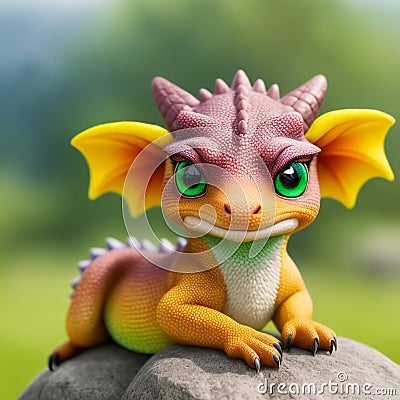 cute baby colorful dragon on mountain background. Generative AI Stock Photo