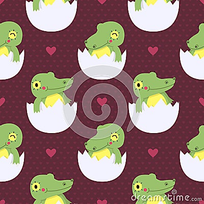 Cute baby crocodile in eggs seamless pattern Vector Illustration