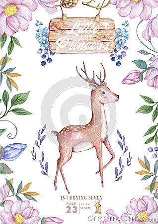 Cute baby deer animal isolated illustration for children. Bohemian watercolor boho forest deer family watercolor drawing Perfect Cartoon Illustration