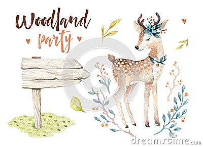 Cute baby deer animal nursery isolated illustration for children. Watercolor boho forest drawing, watercolour, image Cartoon Illustration