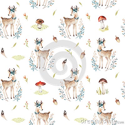 Cute baby deer animal seamless pattern for kindergarten, nursery isolated illustration for children clothing. Watercolor Cartoon Illustration