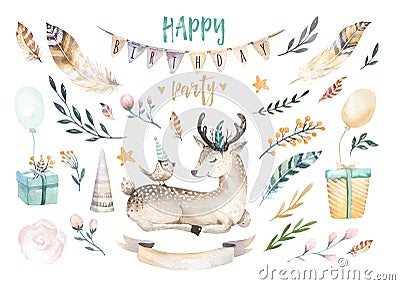 Cute baby deer nursery animal isolated illustration for children. Bohemian watercolor boho forest deer family drawing Cartoon Illustration