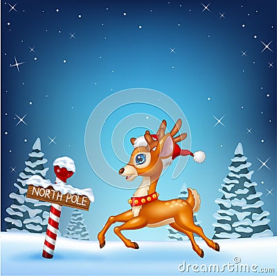 Cute baby deer running with a north pole wooden sign Vector Illustration