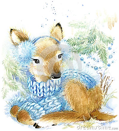 Cute baby deer in winter forest. Cartoon Illustration