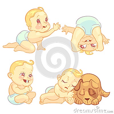 Cute baby in diaper vector character set Vector Illustration