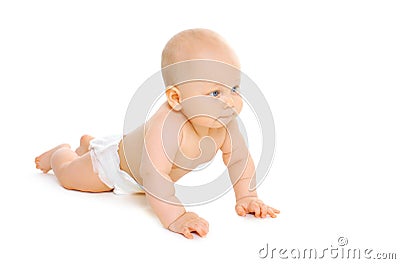 Cute baby in diapers crawls on white background Stock Photo