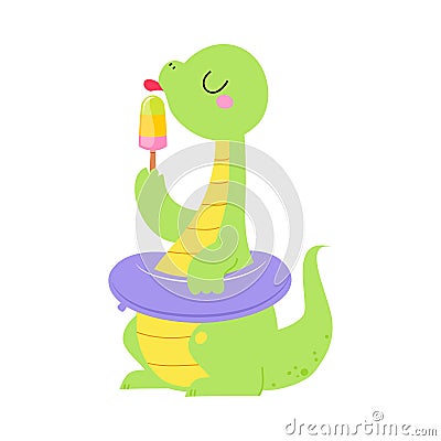 Cute Baby Dino Character Lick Ice Cream Sit with Rubber Ring Enjoy Summer Vector Illustration Vector Illustration