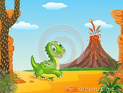 Cute baby dinosaur running in the desert background Vector Illustration