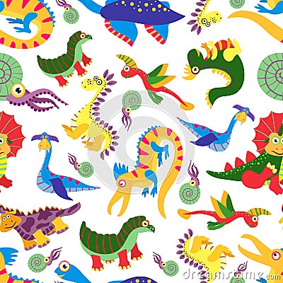 Cute baby dinosaurus pattern. Dinosaur cartoon jurassic predator vector background Vector Illustration