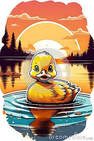 A cute baby duckling swimming on a lake with retro sunset design, t-shirt design, stickers, cartoon, animal, white background Stock Photo