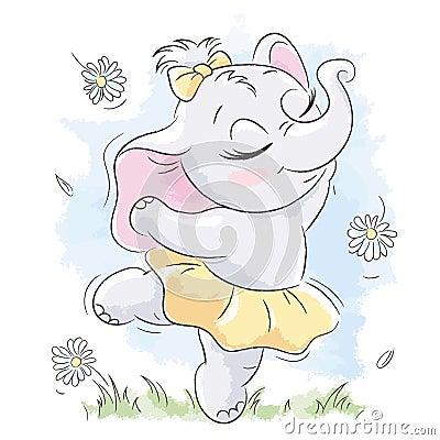 Cute baby elephant. The elephant dreams of becoming a ballerina. Fashion illustration drawing in modern style for clothes Vector Illustration