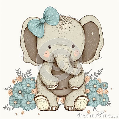 Cute Baby Elephant Floral, Wildlife, Innocent, Playful, Charming, Spring Flowers, Cartoon Illustration