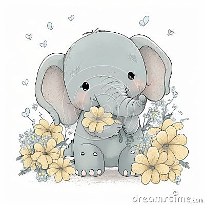 Cute Baby Elephant Floral, Wildlife, Innocent, Playful, Charming, Spring Flowers, Cartoon Illustration