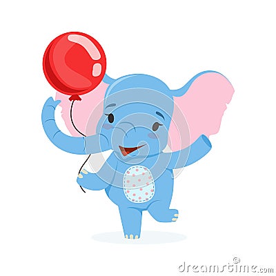 Cute baby elephant having fun with red balloon, funny jungle animal character vector Illustration Vector Illustration