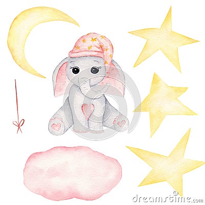 Cute baby elephant in nightcap hand drawn watercolor illustrations set Cartoon Illustration