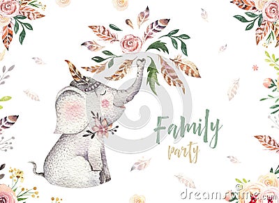 Cute baby elephant nursery animal isolated illustration for children. Bohemian watercolor boho forest elephant family Cartoon Illustration