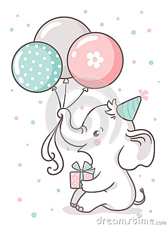 Cute baby elephant sits and holds a balloon balloons. Greeting card with a cute cartoon animal Stock Photo