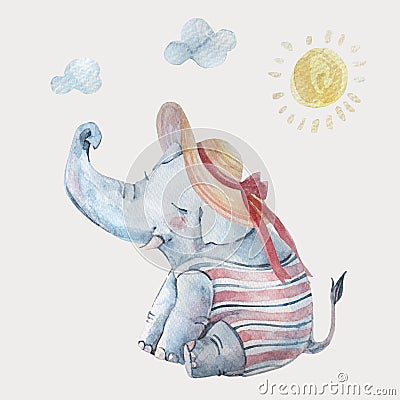 Cute baby elephant in swimsuite and large brimmed hat under sun isolated on background Cartoon Illustration