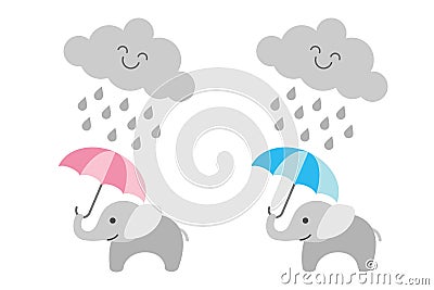 Cute baby elephant under rainy cloud - girl and boy Vector Illustration
