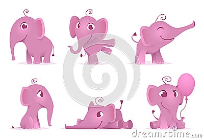 Cute baby elephants. Wild african funny adorable animals vector characters in different action poses Vector Illustration