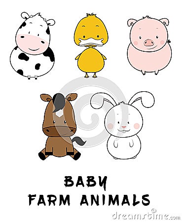 Cute Baby Farm Animals Illustration Set, Cow, Duck, Pig, Horse, Rabbit Vector Illustration