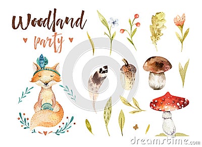 Cute baby fox animal nursery isolated illustration for children. Watercolor boho forest drawing, watercolour woodland Cartoon Illustration