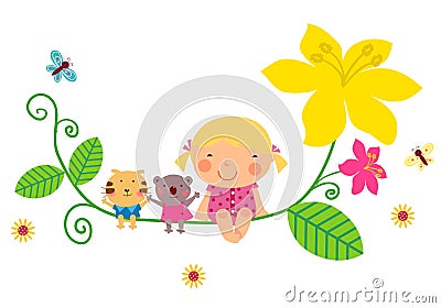 Cute baby girl and animals Vector Illustration